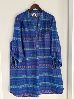 Truth NYC Blue Ikat Print Tunic Blouse 2X Boho Chic Lightweight Top